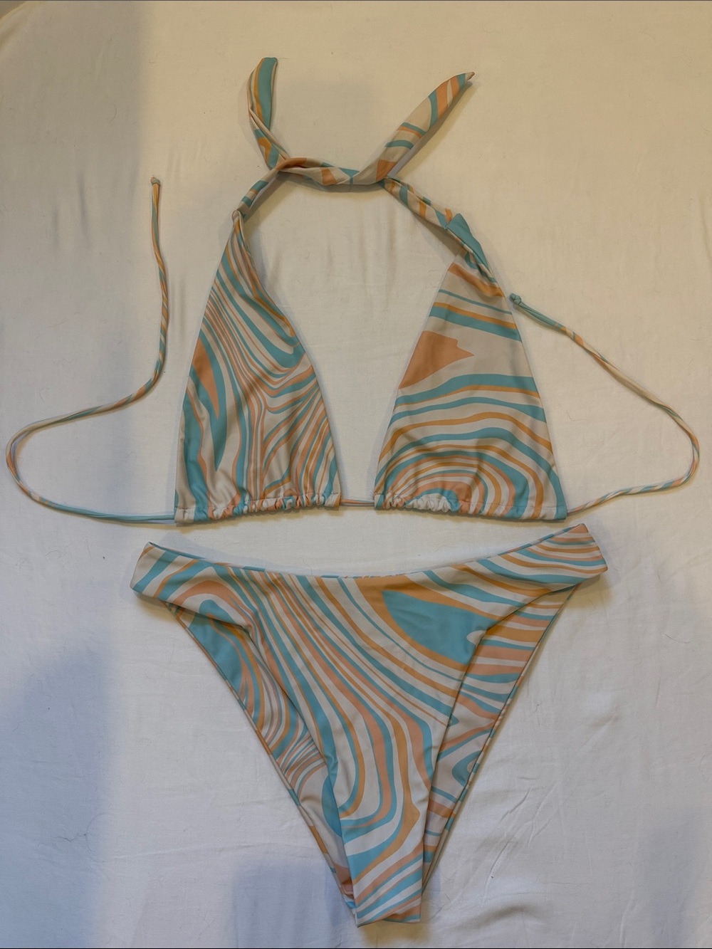 Swirl Print Triangle Bikini Top & Bottom - Teal and Peach